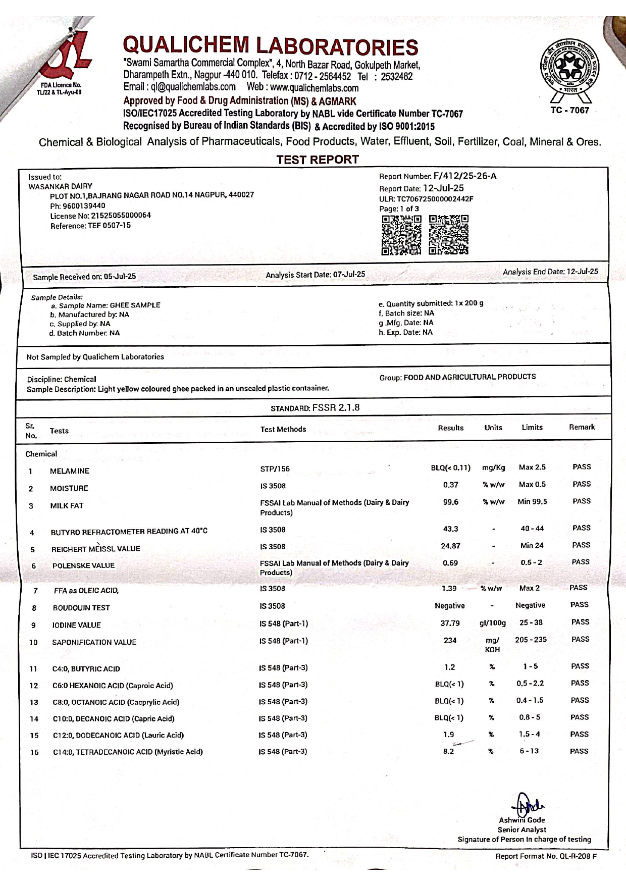 Wasankar Dairy Ghee Lab Testing Report 9July25_page-0001