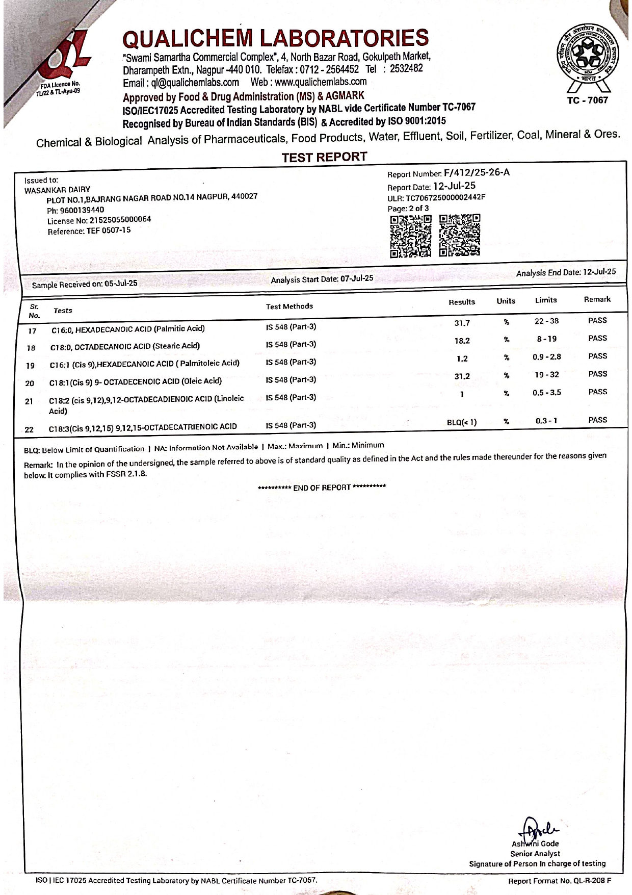 Wasankar Dairy Ghee Lab Testing Report 9July25_page-0002